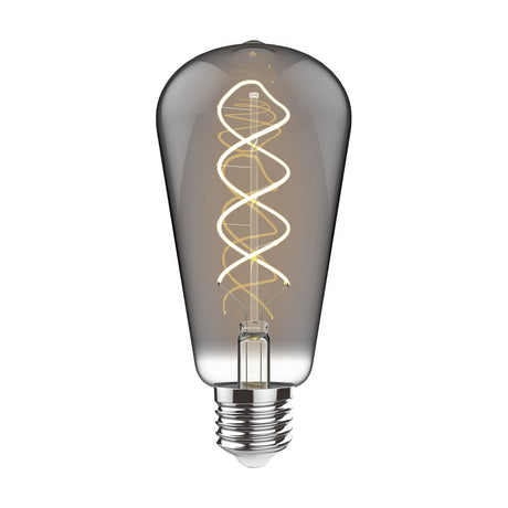 ST64 smoked glass E27 bulb with visible spiral filament, tapered vintage shape, E27 metal screw cap, on a plain white background.
