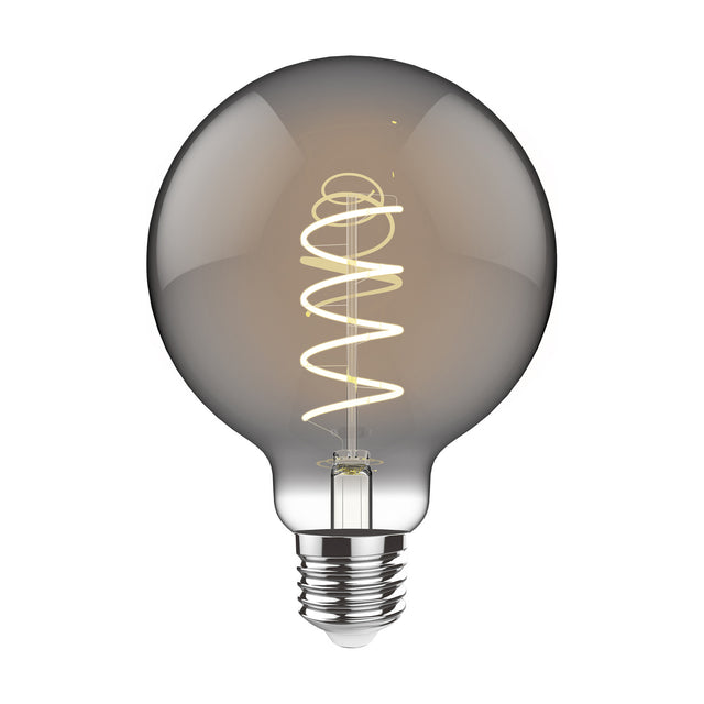 Smoked glass globe LED bulb with visible spiral filament, E27 metal cap, 80mm vintage-style design, shown on a plain white background.