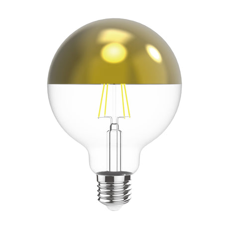 Classic E27 4W dimmable globe bulb, 80mm, clear glass with gold half-mirror crown, visible filaments, 2700K warm white, shown on a plain white background.