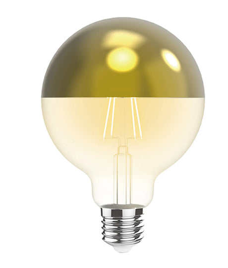 Classic E27 globe LED bulb, 80mm, with gold half-mirror crown and clear glass below, visible filament, warm white 2700K, dimmable, shown on a plain white background.