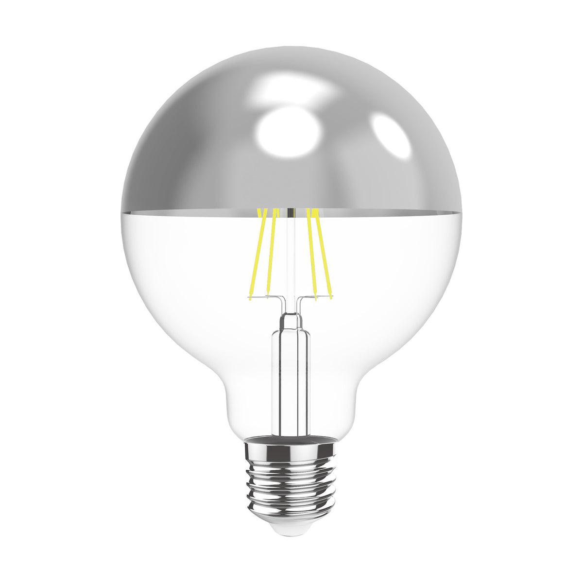 Classic E27 dimmable LED globe bulb with mirrored chrome crown top, clear glass body, and visible yellow filaments, shown on a plain white background.