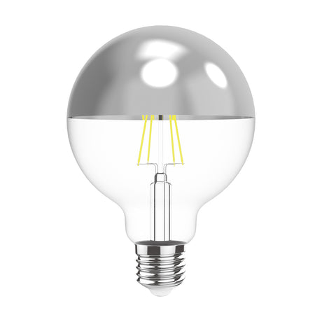 Classic E27 dimmable LED globe bulb with mirrored chrome crown top, clear glass body, and visible yellow filaments, shown on a plain white background.