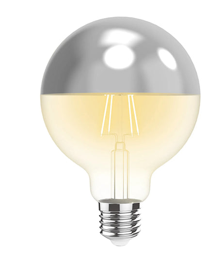 Classic E27 globe LED bulb with mirrored chrome crown and clear glass body showing visible filaments, chrome E27 base, warm white 2700K dimmable, 4W, on a plain white background.