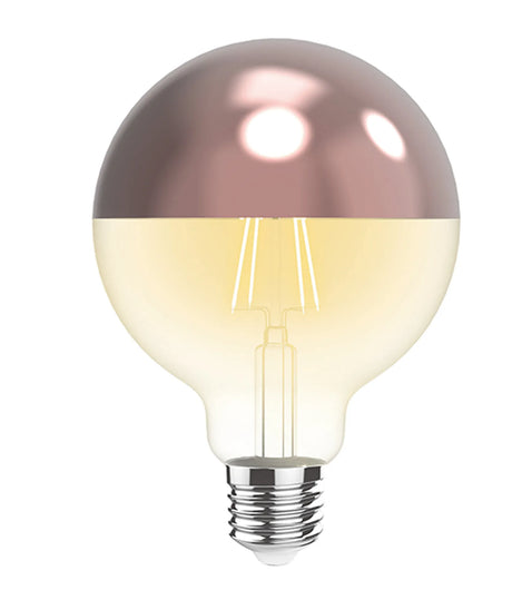 Classic E27 dimmable globe bulb, 80mm, with rose gold mirrored crown top and clear glass lower half showing filaments, 4W warm white 2700K, on a plain white background.