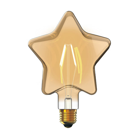 Star-shaped E27 LED filament bulb in amber glass with visible vintage filaments and brass-finish screw cap, shown on a plain white background.