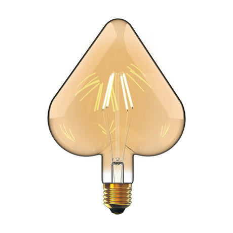 E27 Giant Heart LED bulb in amber glass with visible filaments, dimmable, 4W, 2100K warm white, on a plain white background.