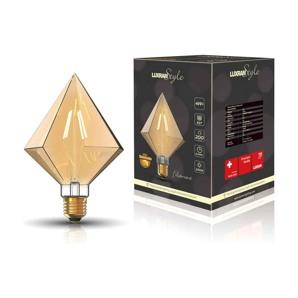 E27 Giant Tri-Diamond dimmable LED bulb in amber glass with visible filaments, shown beside its Luxram Style retail box on a white background.
