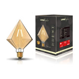 E27 Giant Tri-Diamond dimmable LED bulb in amber glass with visible filaments, shown beside its Luxram Style retail box on a white background.