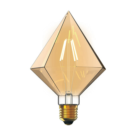 E27 Giant Tri-Diamond dimmable LED bulb in amber glass with visible filaments and brass cap, faceted diamond shape, 4W 2100K, on a plain white background.