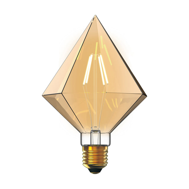 E27 Giant Tri-Diamond dimmable LED bulb in amber glass with visible filaments and brass cap, faceted diamond shape, 4W 2100K, on a plain white background.