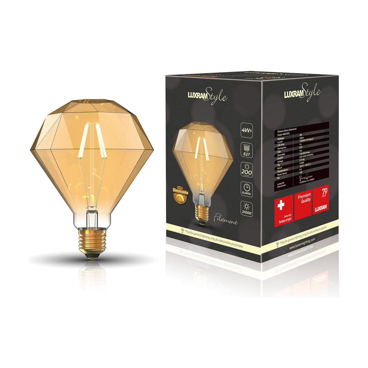 E27 Giant Diamond 115mm Dimmable LED Bulb 4W 2100K - Amber