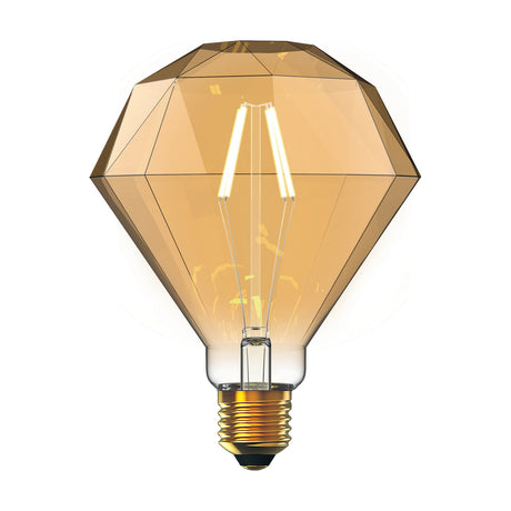 E27 Giant Diamond 115mm LED bulb with faceted amber glass, visible dual filaments, brass-effect cap, dimmable 4W 2100K warm glow, shown on a plain white background.