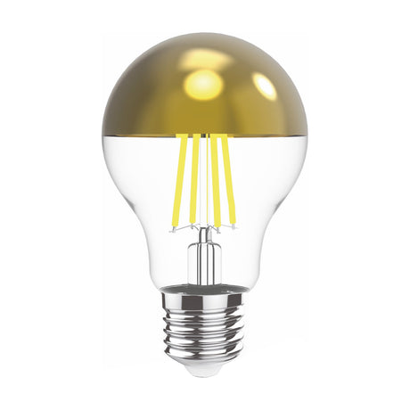 Classic E27 LED filament bulb with a gold half-mirror crown top, visible yellow filaments, clear glass body and E27 screw cap, shown on a plain white background.