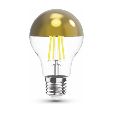 Classic E27 LED filament bulb with a gold crown top-half mirror finish, visible glass body, filament strands, and screw fitting, shown on a plain white background.