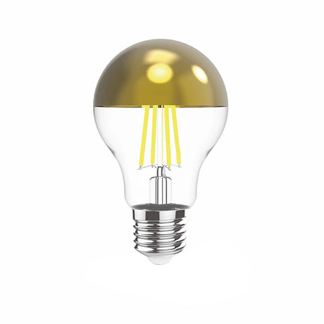 Classic E27 LED filament bulb with a gold half-mirror crown top, visible glass body and yellow filaments, E27 screw fitting, 4W warm white, shown on a plain white background.