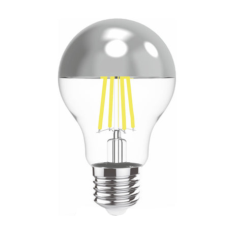 Classic E27 LED filament bulb with silver crown top and clear glass body, visible yellow filaments, E27 screw fitting, on a plain white background.