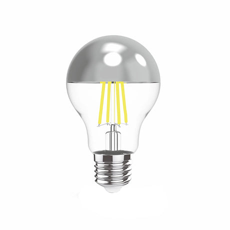 Classic E27 LED filament bulb, 60mm globe with silvered crown top, clear glass sides, visible yellow filaments, 4W warm white 2700K, on a plain white background.