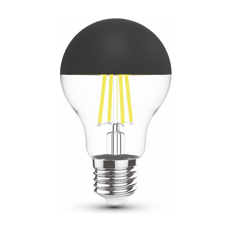 Classic E27 LED filament bulb with a black half-mirror crown cap, clear glass body, and visible warm-white filaments, shown on a plain white background.
