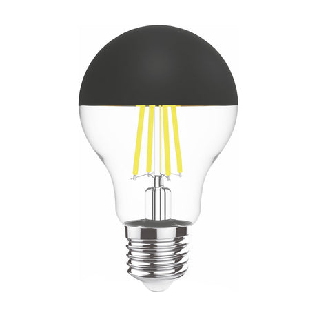 Classic GLS-shaped E27 LED filament bulb with a half-chrome black crown top, visible yellow filament strands, and silver screw cap, shown on a plain white background.