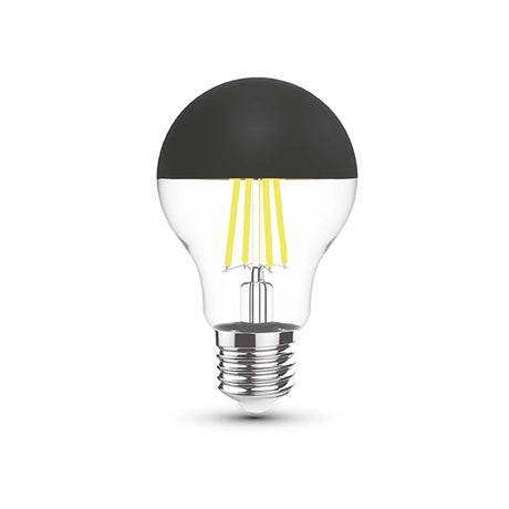 Classic E27 LED filament bulb with a black half-mirrored crown and clear glass body, 4W 2700K warm white, shown on a plain white background.