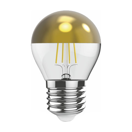 Classic E27 LED filament bulb with gold half-mirrored crown, clear glass body showing visible filaments, and chrome screw cap, shown on a plain white background.