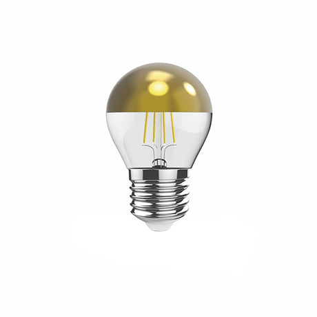 Classic E27 4W LED bulb, 45mm round shape with a gold crown cap and clear glass base showing visible filaments, E27 screw fitting, 2700K warm white, shown on a plain white background.