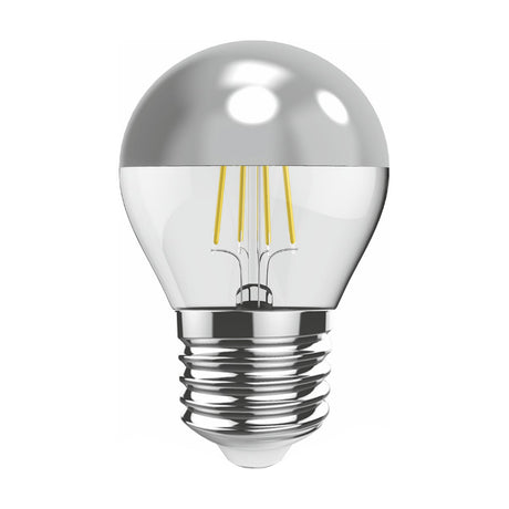 Classic E27 4W LED filament bulb, 45mm golf-ball shape with silver mirrored crown top and clear glass sides, showing visible warm white filaments, on a plain white background.