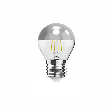 Classic E27 LED filament bulb, 45mm golf-ball shape with silver mirrored crown top, visible warm white filaments, E27 screw cap base, on a plain white background.