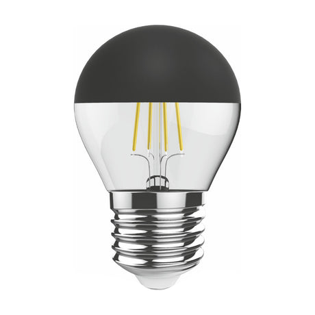 Classic E27 LED filament bulb, small golf-ball shape with black crown-mirror top and clear glass lower half showing visible filaments, on a chrome E27 screw cap, plain white background.