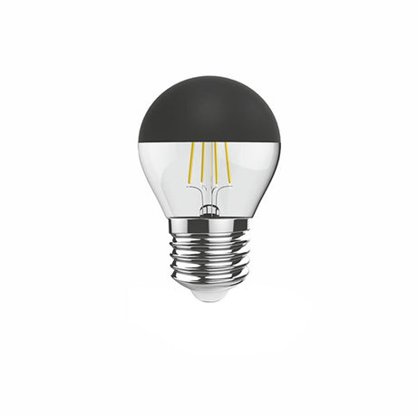 Classic E27 LED filament bulb with black crown-mirror top cap and clear golf-ball glass globe, 45mm, on a chrome-tone E27 screw cap, shown against a plain white background.