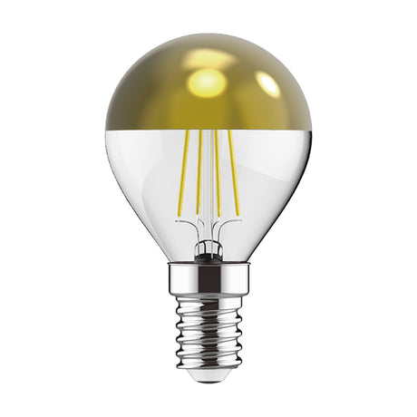 Classic E14 golf ball LED filament bulb, 45mm, with gold-tipped crown, clear glass body, visible filaments, and E14 screw cap, shown on a plain white background.