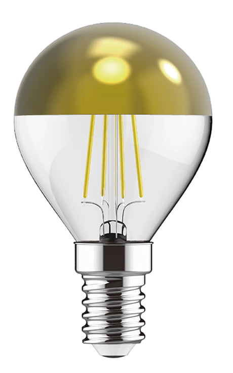 Classic E14 4W golf ball LED bulb, 45mm, with a gold-crown top, clear glass body showing visible filaments, and a chrome-tone screw cap, shown on a white background.