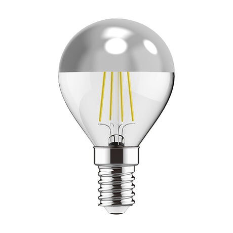 Classic E14 4W golf ball bulb, 45mm clear glass with a silver mirrored crown top, visible filaments, and a small screw cap, shown on a plain white background.