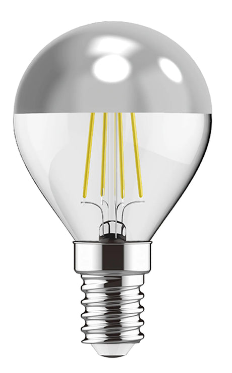 Classic E14 4W golf ball bulb, 45mm clear glass with silver crown top, visible warm white LED filaments, small screw cap base, on a plain white background.