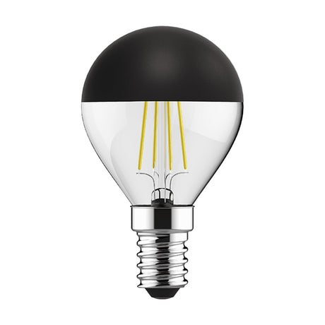 Classic E14 4W LED filament golf ball bulb, 48mm, with a black top-half cap, clear glass body, and visible warm white filaments, on a plain white background.