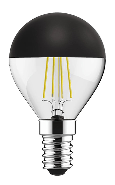 Classic E14 4W golf ball LED bulb, 48mm, clear glass with black half-mirror top cap and chrome E14 screw base, visible filaments, on a plain white background.