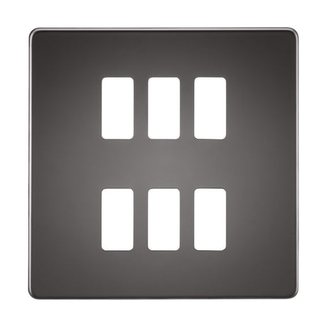 The Screwless 6 Gang Grid Faceplate - Black Nickel features a layout of six rectangular slots organized in two columns. This dark square panel, made from high-quality steel, showcases rounded corners and a straightforward, contemporary design with an elegant black nickel finish.