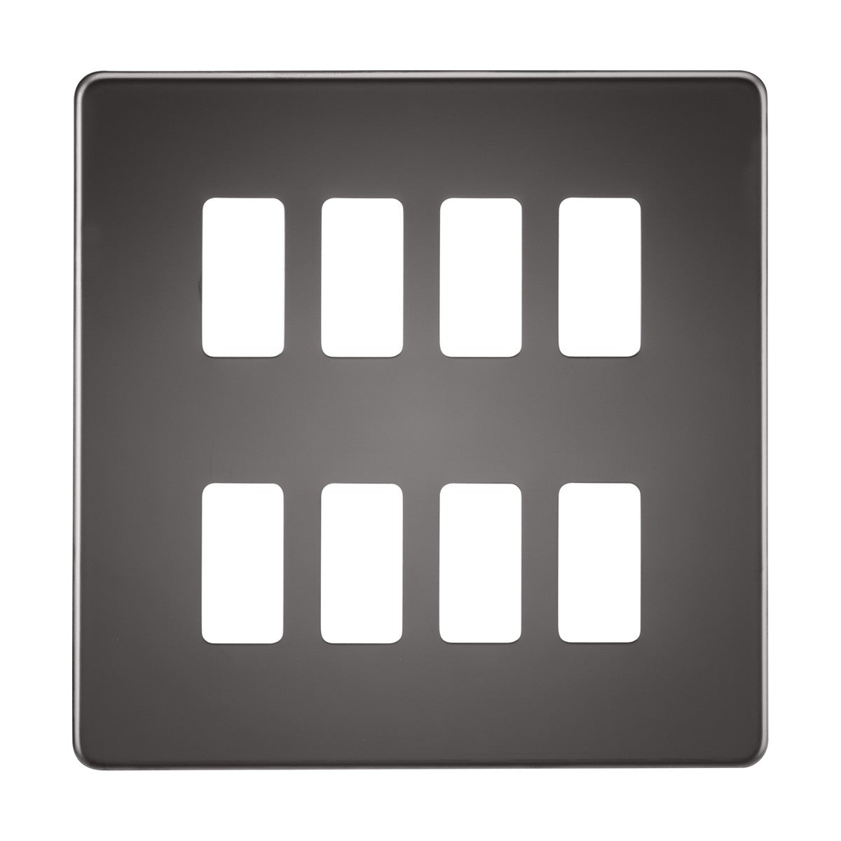 Introducing the Screwless 8 Gang Grid Faceplate in Black Nickel: a square light switch plate in dark gray featuring a sleek black nickel finish. It includes eight rectangular slots arranged in two columns, each column containing four evenly spaced slots that are perfect for switches or buttons. The design boasts a screwless grid faceplate for a seamless look.