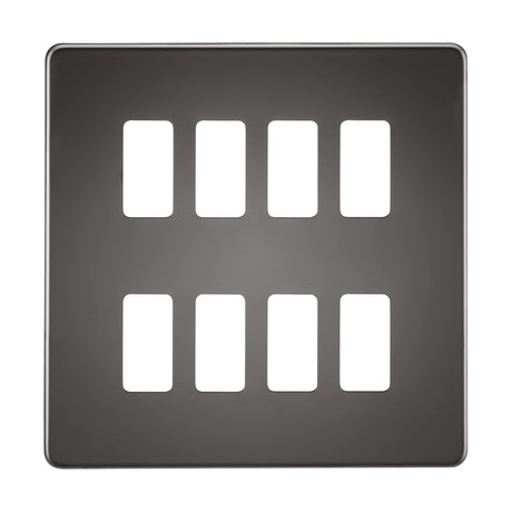 Introducing the Screwless 8 Gang Grid Faceplate in Black Nickel: a square light switch plate in dark gray featuring a sleek black nickel finish. It includes eight rectangular slots arranged in two columns, each column containing four evenly spaced slots that are perfect for switches or buttons. The design boasts a screwless grid faceplate for a seamless look.