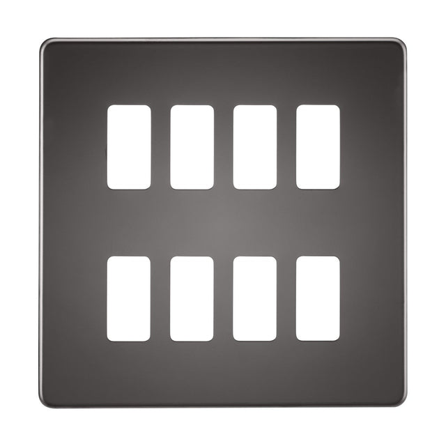 Introducing the Screwless 8 Gang Grid Faceplate in Black Nickel: a square light switch plate in dark gray featuring a sleek black nickel finish. It includes eight rectangular slots arranged in two columns, each column containing four evenly spaced slots that are perfect for switches or buttons. The design boasts a screwless grid faceplate for a seamless look.