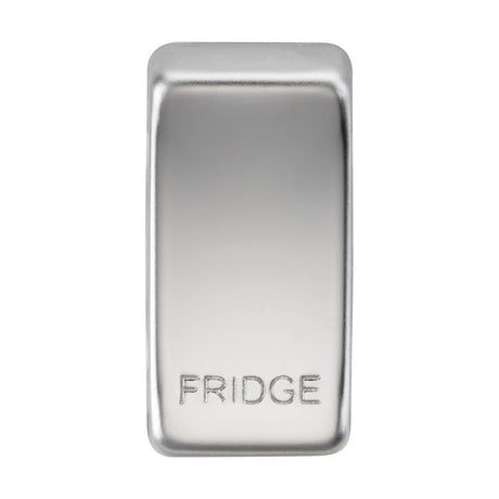 A rectangular magnet resembling polished chrome, featuring rounded edges and a metallic silver finish. The word "FRIDGE" is engraved at the bottom, and it boasts a smooth, reflective surface.