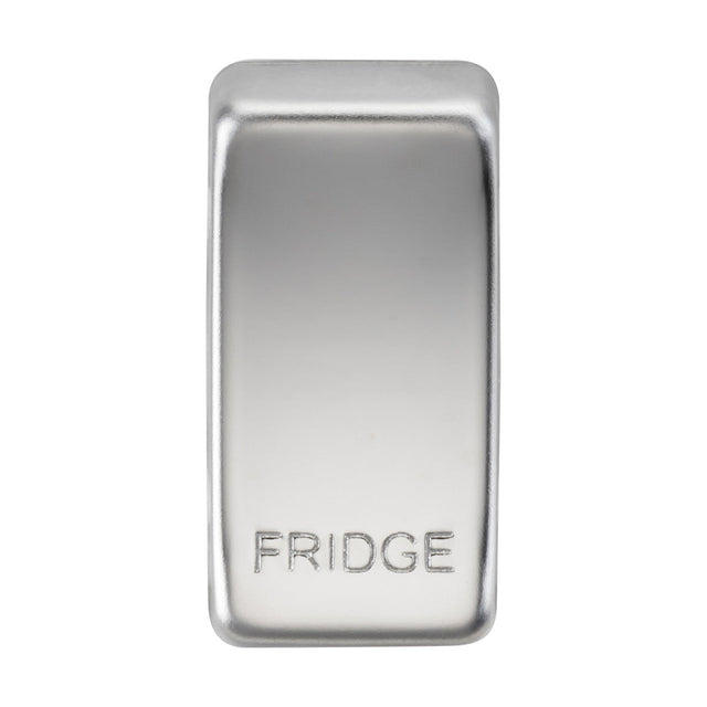A rectangular magnet resembling polished chrome, featuring rounded edges and a metallic silver finish. The word "FRIDGE" is engraved at the bottom, and it boasts a smooth, reflective surface.