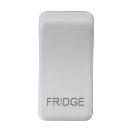 A rectangular switch cover labeled "FRIDGE" in gray letters, featuring a Matt White finish. It is set against a plain white background and constructed from durable ABS material.