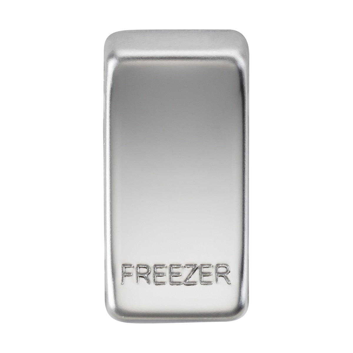 Switch Cover "Marked FREEZER" - Polished Chrome, designed as a sleek, silver rectangular magnet with the word FREEZER engraved at the bottom, boasting a polished chrome finish that adds a touch of elegance.