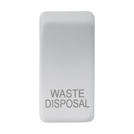 A rectangular switch cover featuring a matte white finish and a replaceable rocker cover with rounded edges, labeled "WASTE DISPOSAL" in gray at the bottom, appears to be in the off position against a plain white background.