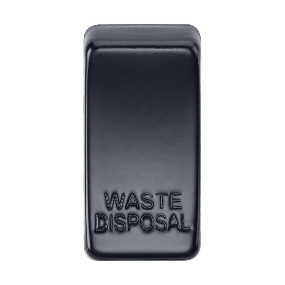 A black rectangular switch cover marked with the words "WASTE DISPOSAL" on its surface. It features a smooth, glossy Matt Black finish, enhancing its sleek appeal.