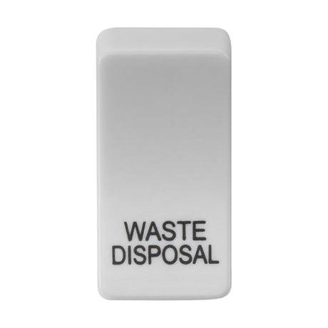 A white, rectangular switch cover, marked with "WASTE DISPOSAL" in black text, designed to accommodate interchangeable rocker covers for added versatility.