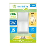 Image of the packaging for the E-Luminate 7.3 Non-Dimmable R80 LED Reflector Bulb, priced at Â£2.99. This bulb offers 806 lumens and operates at 7.3W (equivalent to a traditional 60W bulb), providing warm white light with a color temperature of 2700K. Designed to last up to 15 years, it uses 90% less energy, showcasing the efficiency typical of an LED Reflector Bulb.