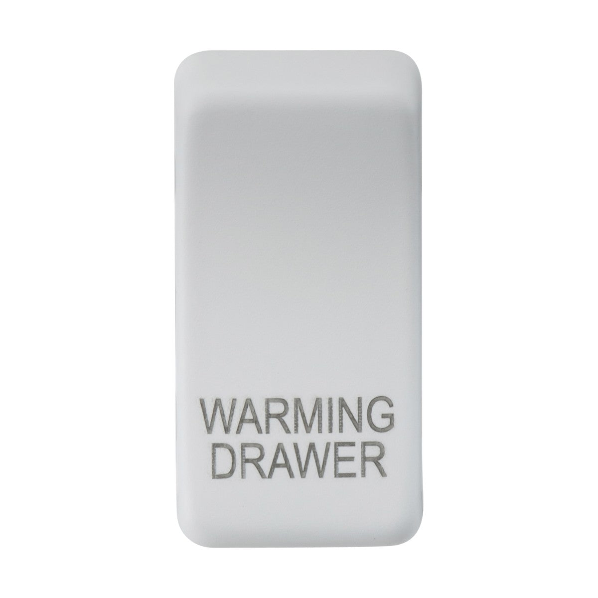 A rectangular switch cover, named "Marked WARMING DRAWER" in matte white, is constructed from durable ABS and features the text WARMING DRAWER in gray capital letters.