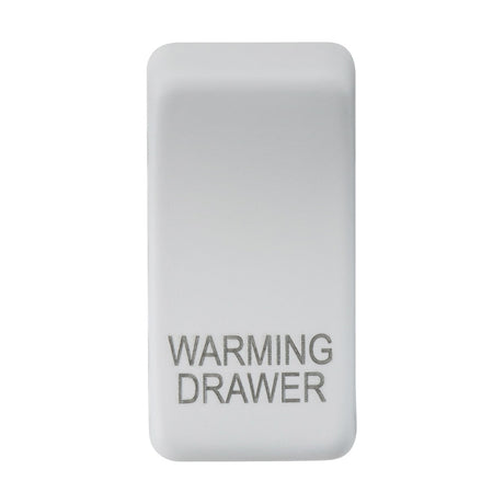 A rectangular switch cover, named "Marked WARMING DRAWER" in matte white, is constructed from durable ABS and features the text WARMING DRAWER in gray capital letters.